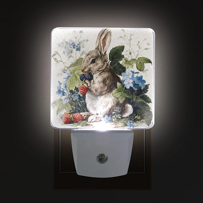 Pigsaly Led Night Light Watercolor Rabbit Strawberries Night Light Plug in Wall Lamp Smart Dusk to Dawn Sensor Nightlight Led Lamp Energy Saving Lights Gift for Kids Room Bedroom Bathroom Hallway