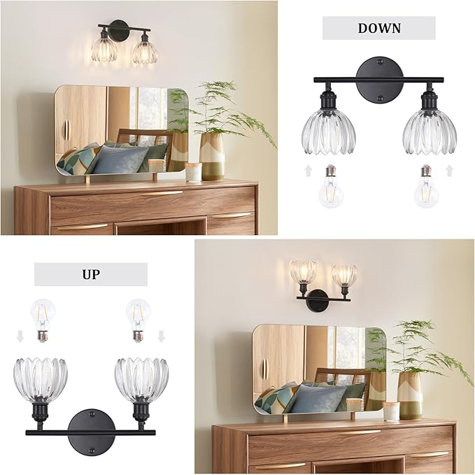 Shenmoyl Bathroom Light Fixtures, 2-Light Black Vanity Wall Light Over Mirror with Clear Tulip Glass Shade for Bedroom Living Room (Bulb Not Included)