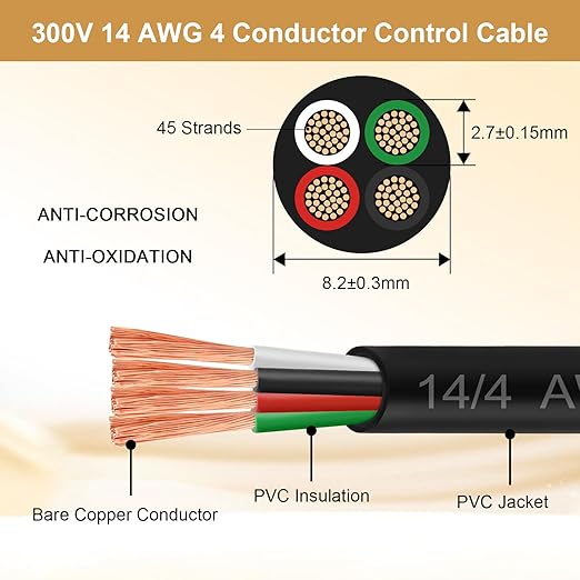 MOOKEERF 14/4 AWG Mini-Split Cable - 30FT 14 AWG 4 Conductor Control Cable 300V Stranded Oxygen-Free Pure Copper Wire for Mini Split Air Conditioner,Heat Pump,HVAC Systems and Speaker Systems