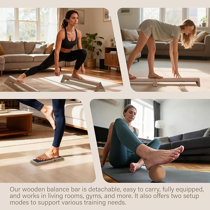 40-Inch Wooden Balance Beam Set, Two 20-Inch Connectable Sections, Natural Solid Wood Design, Includes Cork Massage Ball, Ankle Strengthener and Carry Bag for Home Training and Stability Practice