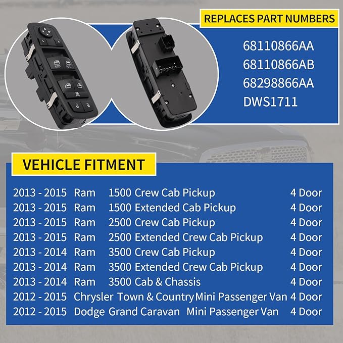 AMICAREP Master Power Window Switch Driver Side Compatible with 2012-2015 Dodge Grand Caravan Ram 1500 2500 3500 Town & Country 9+3 Pin 4 Door Replaces# 68110866AB