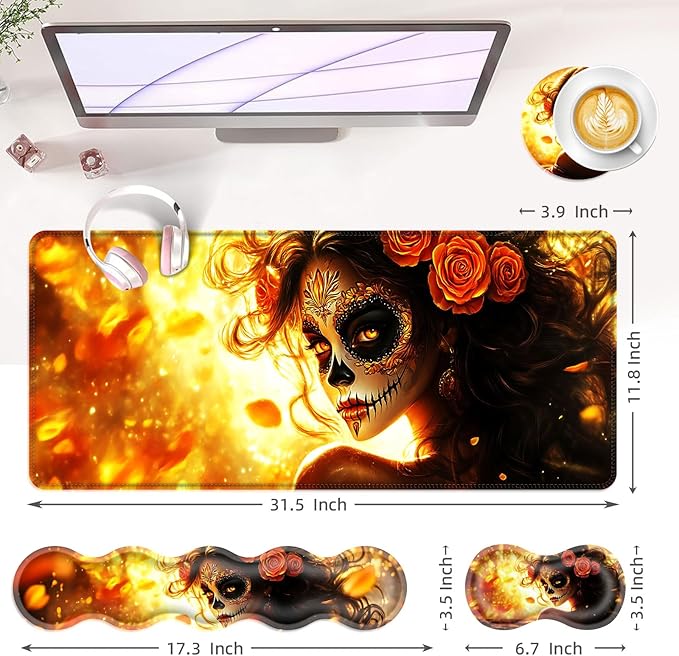 BFUKVOU Large Keyboard Mouse Pad Set, Extended Mouse Pad+Keyboard Wrist Rest Support, Memory Foam Ergonomic Easy Typing, 4Pcs (31.5×11.8 in) Desk Pad Set for Office Home,Skull Woman with Rose