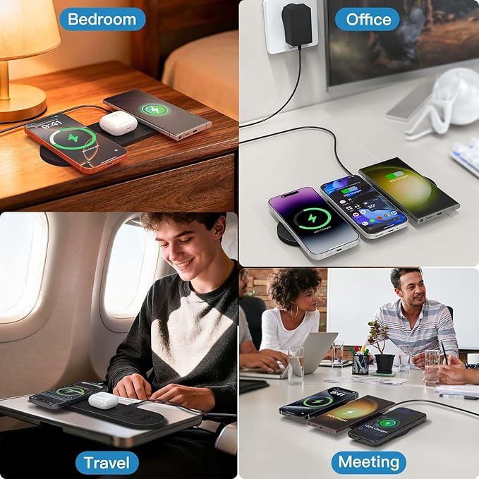 ZealSound Wireless Charging Pad,Triple Wireless Charger Pad Multiple Devices Compatible with iPhone Phone New AirPods Galaxy Buds Ultra-Slim PU Leather Wireless Charging Mat for Smartphone Phone Black