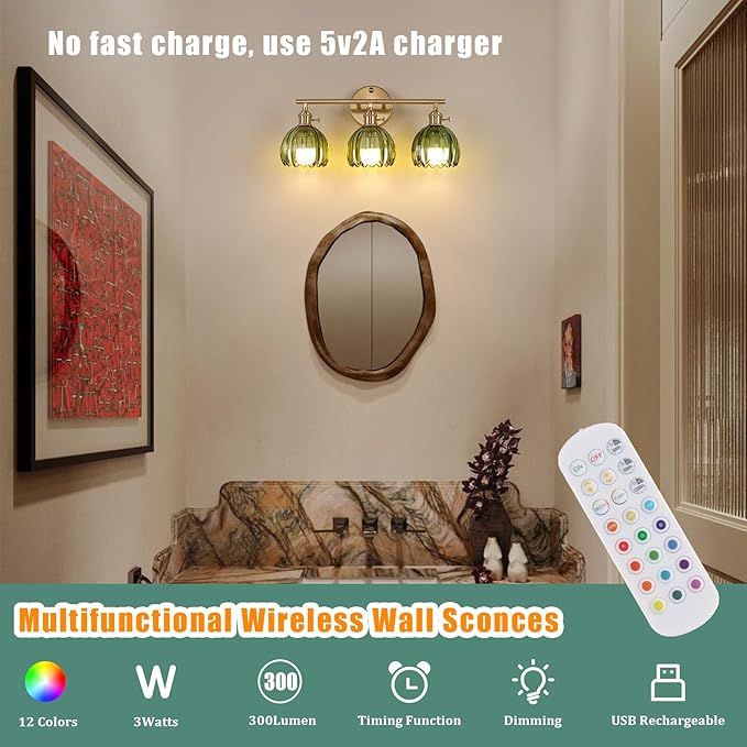 Shenmoyl Battery Operated Bathroom Light Fixtures, 3-Light Brass Vanity Wall Light with 5000mAh Rechargeable Bulb Over Mirror with Green Tulip Glass Shade for Bedroom Living Room