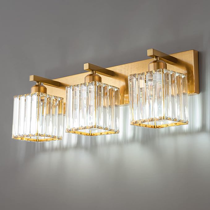 FDPBY Modern Bathroom Vanity Light 3-Lights Gold Crystal Bathroom Wall Light Vanity Light Fixtures，20.47-inch Modern Minimalist Design