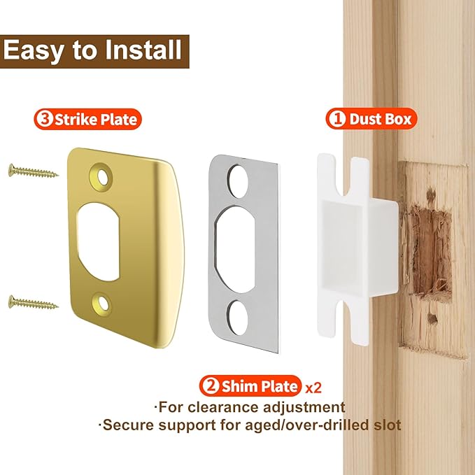 MOSECYOU Standard Strike Plates with Repair Kits, Door Latch Restorer Striker with Sub-Plates and Wood Dowels, Fix Aged Strike Opening (Gold, 1 Pack)