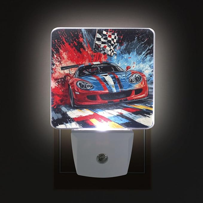 Pigsaly Led Night Light Red Blue Sports Car Checkered Flag Night Light Plug in Wall Lamp Smart Dusk to Dawn Sensor Nightlight Led Lamp Energy Saving Lights Gift for Kids Room Bedroom Bathroom Hallway
