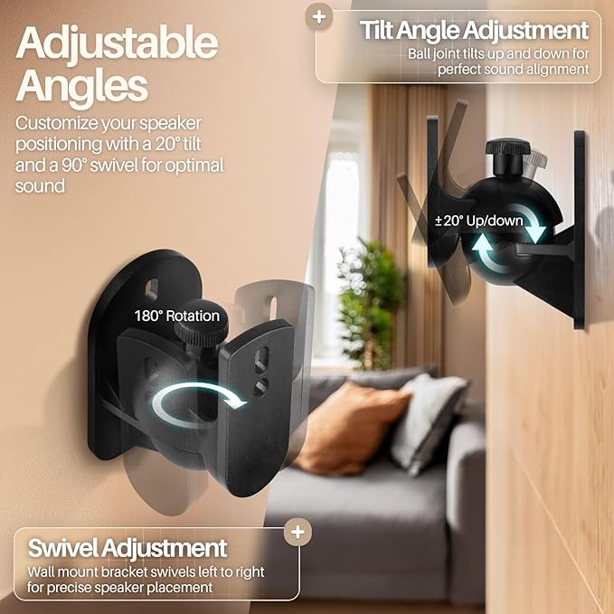 TNP Universal Satellite Speaker Wall Mount Bracket Ceiling Mount Clamp with Adjustable Swivel and Tilt Angle Rotation for Home Theater Surround Sound System Satellite Speakers - 4 Pack, Black