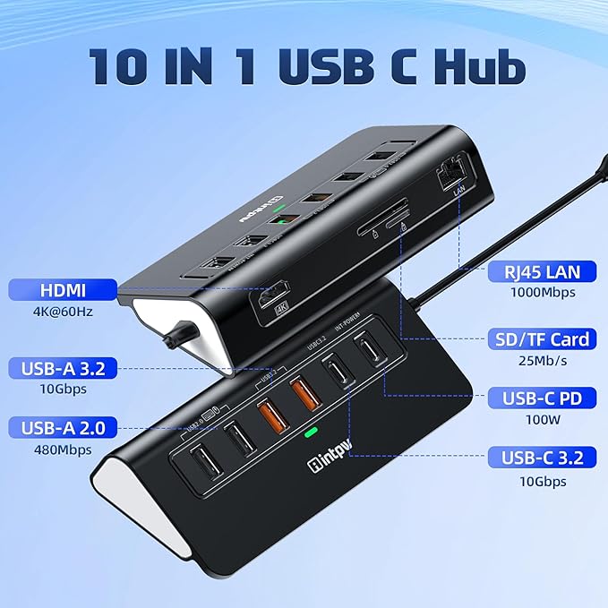 P9R PRO USB C Hub Ethernet, 10Gbps Laptop Docking Station 10-in-1 with USB-C & 2 USB-A 3.2 Data, LAN, 4K@60Hz, 2 USB A 2.0, PD 100W, SD/TF Ports, 3.28FT USB C Docking Station for PC, iPhone 17, Mac