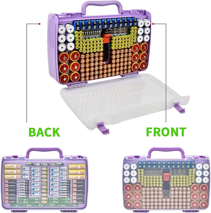Aptbyte Battery Organizer Storage Holder Box Case with Tester- 269 Batteries Double-Sided Variety Pack, Holds AA AAA 4A C D Cell 9V 3V Lithium LR44 CR2 CR123 CR1632 18650 Button- Purple (Box Only)