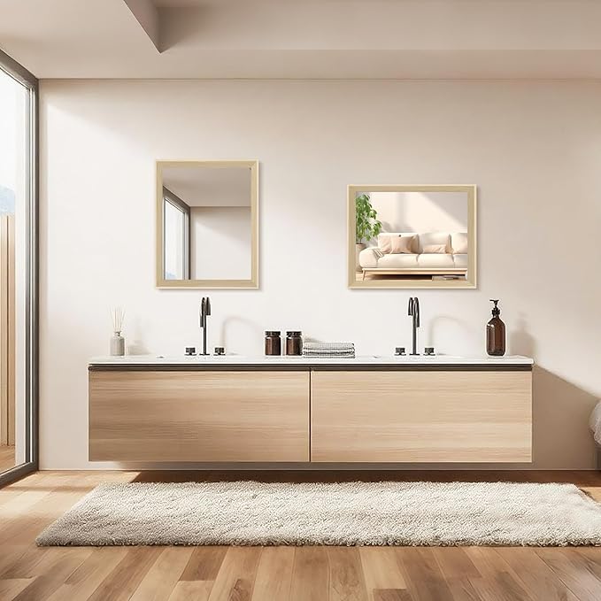 Oak Wood Effect Framed Wall Mirror, 16x20 Rectangle Mirror, 1/8" Anti-desilvering Tempered Glass, Sustainable&Sturdy Frame, Anti-Rust, HD Reflection &3min Fast Setup for Bathroom Living Room