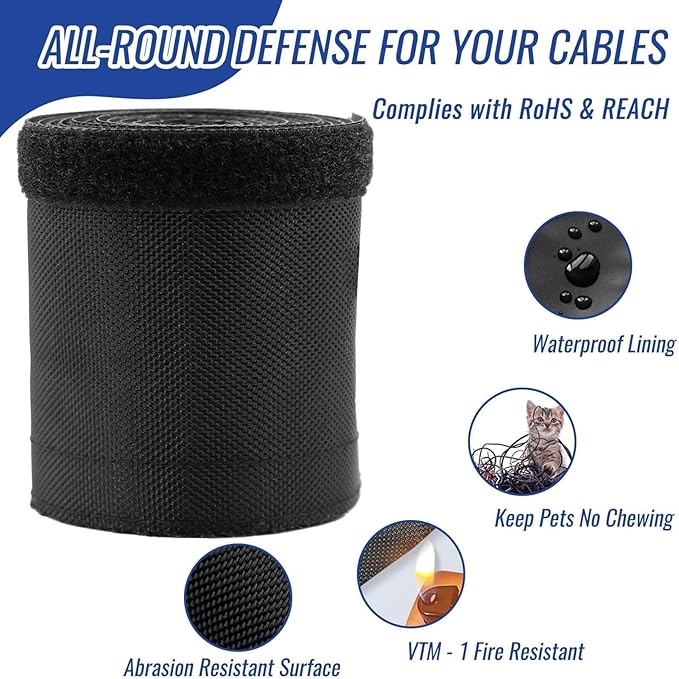Flauzmann 1" - 6.6FT Chew Proof Cord Protector from Pets, Black Heavy Duty Dog & Cat Cable Sleeve Cover - Flexible Split Sleeve for Home, Office, Automotive Wires