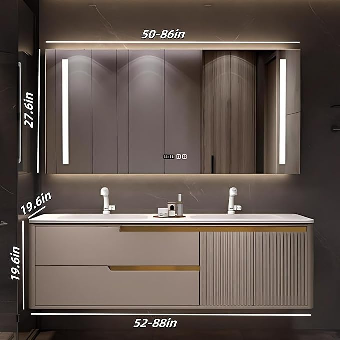 Bathroom Vanity with Double Sink - Smart Defogging Mirror & LED Lights on Both Sides, Floating Bath Sink Cabinet | 2 Drawers, Wave Shaped Panel (Khaki, 76IN)