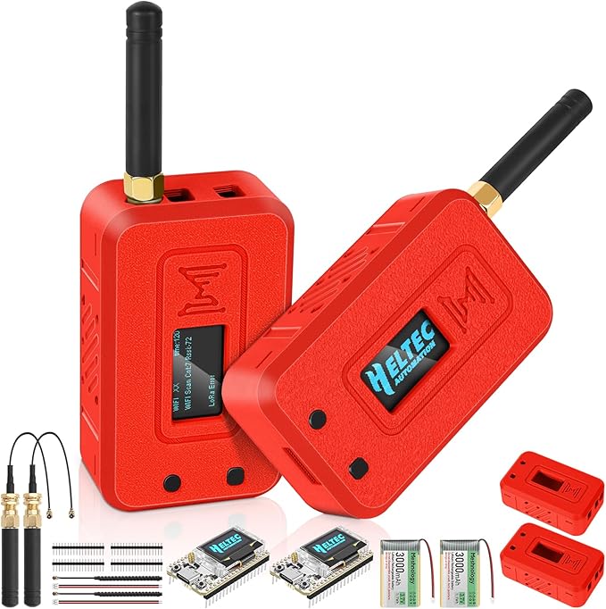 Meshnology 2 Set ESP32 LoRa V3 Module Board with 915 MHz Antenna + 3000mAh Battery + Protect Case - with WiFi Blue Tooth SX1262 CP2102 0.96” OLED Display Type C for Ar duino Meshtastic IOT (N35, Red)