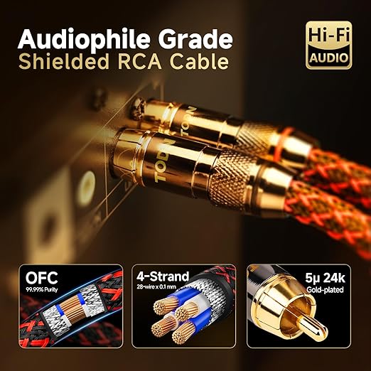 TODN High End RCA Cables for Audiophile RCA Male to Male Stereo Cord for Car Audio, Speaker, Amp - Φ7mm, Nylon Braided Jacket (6.5ft/2m, 1 Pair)