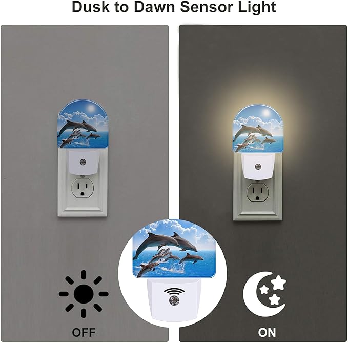 sndheke Jumping Dolphins Night Light Plug into Wall, Blue Sea and Bright Sky Dusk to Dawn Night Light Plug in,0.5w Energy Saving Sleep Friendly NightLight for Kids Boys Girls Home Decor