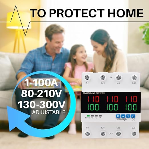 KNMIPJD Over Under Voltage Protection Device, 110V 100A Adjustable Circuit Breaker with LED Display for Real-Time Monitoring of Voltage, Current, Power, Home Commercial Electrical Safety（4P 100A）