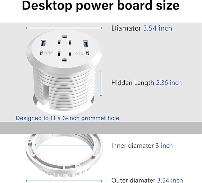 Desktop Power Grommet, 65W USB C Fast Charging, Flush Mount Recessed Power Strip 3-Inch Hole, 2 Outlets, 4 USB Ports, Countertop Outlet (White)
