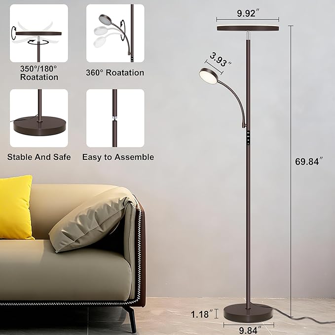 Aulaiyi Floor Lamps for Living Room,42W Super Bright LED Floor Lamp,2-in-1 Dimmable Standing Lamp with Reading Light,69'' Tall Lamp with Remote & Touch Control, Modern Floor Lamp for Bedroom,Office