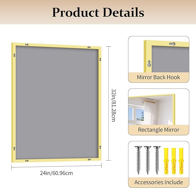 Gold Bathroom Mirror for Wall, 24x32 Inch Rectangle Mirror with Metal Frame, Modern Vanity Mirrors for Bathroom Living Room, Entryway Hangs Horizontal or Vertical