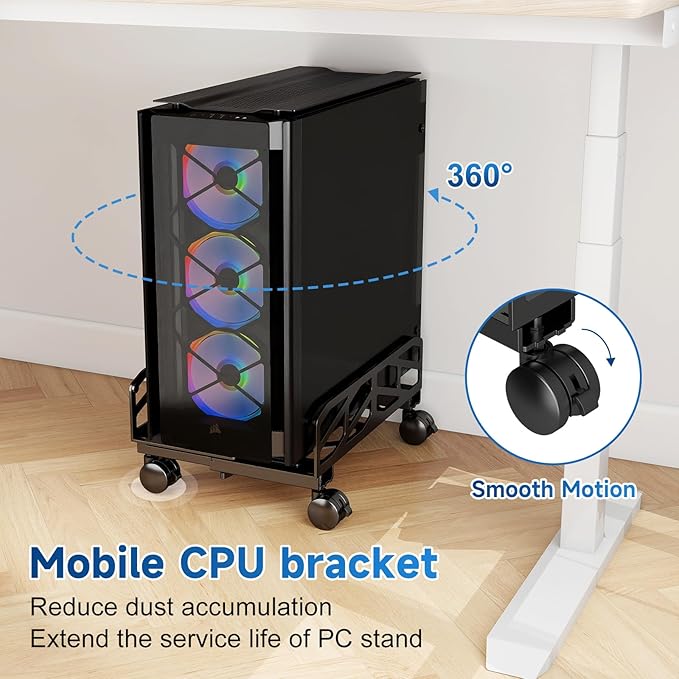 Pholiten Adjustable Computer Tower Stand,7.28 to 11.81 inch Wide Steel CPU Stand with 4 Rolling Caster Wheels,，Under Desk CPU Holder PC Floor Cart PC Riser,132lbs Capacity Weight