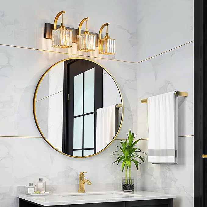 FDPBY Crystal Vanity Lights 3-Light Black Gold Bathroom Vanity Lights Modern Crystal Bathroom Light Fixtures Over Mirror 23.62" Long Vanity Light for Bathroom