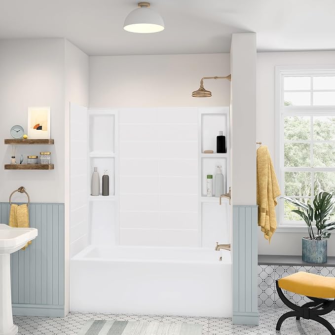 White Acrylic Tub Wall Surround 32"x 60"x 58" - Waterproof, Easy-to-Install, Two Shelf Units Kit Included - Bathtub Wall Surround Panels - Stacked Tiles Pattern, Classic Shelves - Noah William Home