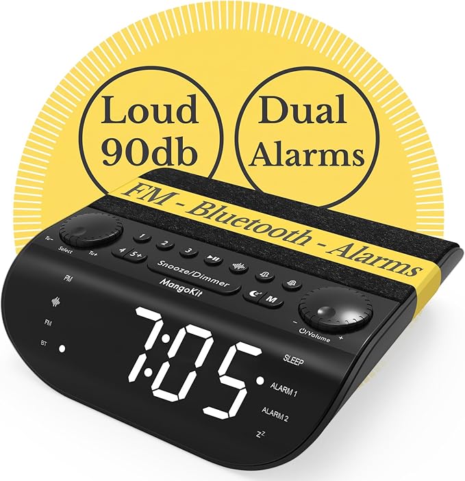 MangoKit FM Radio with Bluetooth 5.3, Dual Alarm Clock for Bedrooms, 90dB Loud Alarm for Heavy Sleepers, Snooze, 9 Natural Sounds, Stereo Speakers, Large Dimmable Display |20 FM Presets | Clear Screen