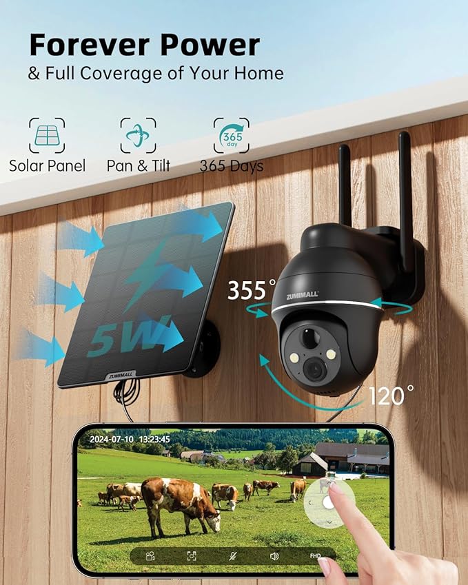 ZUMIMALL 4G LTE Cellular Solar Security Cameras Wireless Outdoor, 3MP No WiFi Cameras for Home Security, 360° Live View, 2K Color Night Vision, PIR Motion Sensor, 2 Way Talk, Built in SIM Card