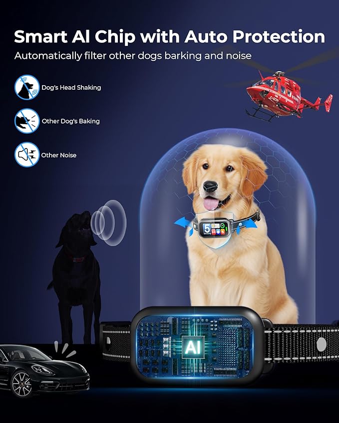 Upgraded Dog Bark Collar, Smart AI Barking Collar with 4 Modes & 5 Adjustable Sensitivity & Bark Counter, Waterproof Activated Shock Collar for Small Medium Large Dogs 8-150lbs with AirTag Case