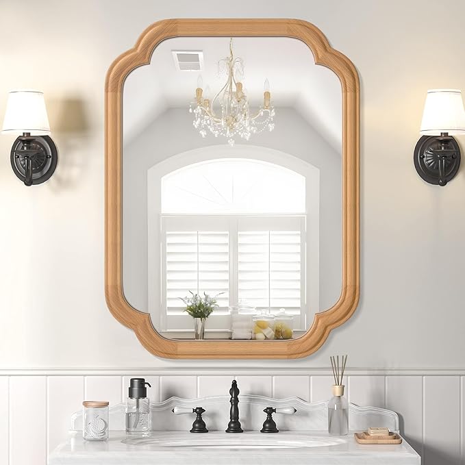 Natural Wood Framed Mirror,18X24 Inch Bathroom Mirror for Over Sink Modern Rounded Corner Rectangle Wall Mounted Mirror (Horizontal/Vertical)