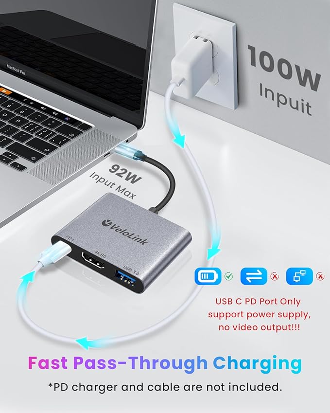 USB C HUB usbc to hdmi Adapter USB c multiport Adapter Equipped with a 4K@60Hz HDMI Output Port,100W PD Charging Port (Charging Function only)