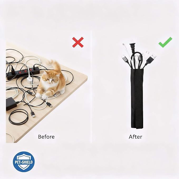 Flauzmann 1.5" - 6.6FT Chew Proof Cord Protector from Pets, Black Heavy Duty Dog & Cat Cable Sleeve Cover - Flexible Split Sleeve for Home, Office, Automotive Wires