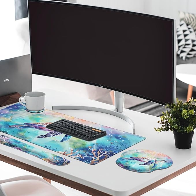 Britimes Sea Turtle Cute Ocean Keyboard Mouse Pad Set 4in1 Large Mousepad+Keyboard Wrist Rest+Mouse Wrist Rest+Coaster Set with Ergonomic Design for Home Office Computer 35.4x15.7 inches