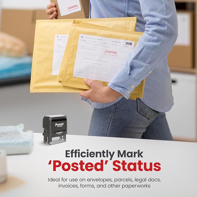 Promot Posted Self Inking Rubber Stamp - Refillable Stampers for Office - Business, Accounting, Bookkeeping, Coding, Legal, Notary, Work, Ordering, Inventory Stamps - Red Ink