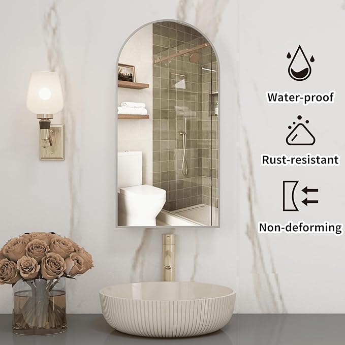 Silver Medicine Cabinet with Arched Mirror, Left or Right Opening, Mirrored Medicine Cabinet Wall Mounted, Bathroom Vanity Mirror with Storage, Adjustable Shelves, Not Recessed, 16x32 inch