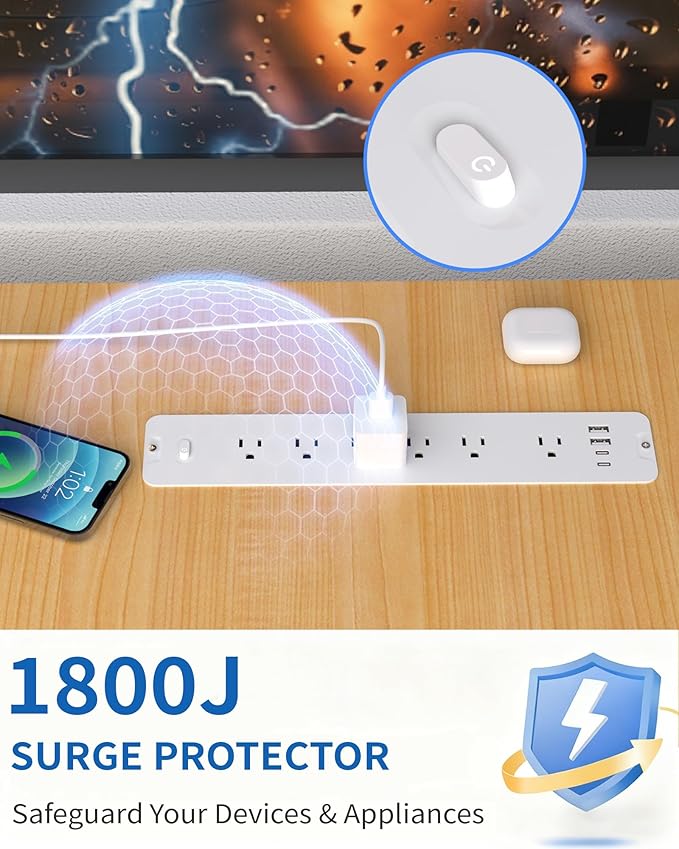Inhwatek Recessed Power Strip, Surge Protector with USB Ports, Flush Mount Power Strip, 6Ft Flat Plug Extension Cord for Home Office Desk Kitchen Behind Furniture