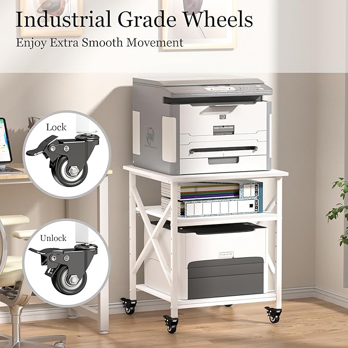 Printer Stand, 23.6 x 23.6 Inches Large Printer Stand with Adjustable Storage Shelf, 3 Tier Printer Table for Home Office, Rolling Printer Cart with Industrial Wheels, Mini Fridge Stand Table, White