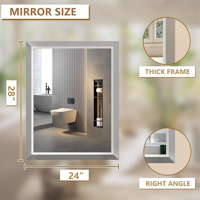 SMIROR Brushed Silver Bathroom Mirror for Over Sink, 24”x 28” Metal Thick Framed Rectangle Vanity Mirror for Wall, Right Angle Corner, Anti-Rust, Horizontally or Vertically Mounted