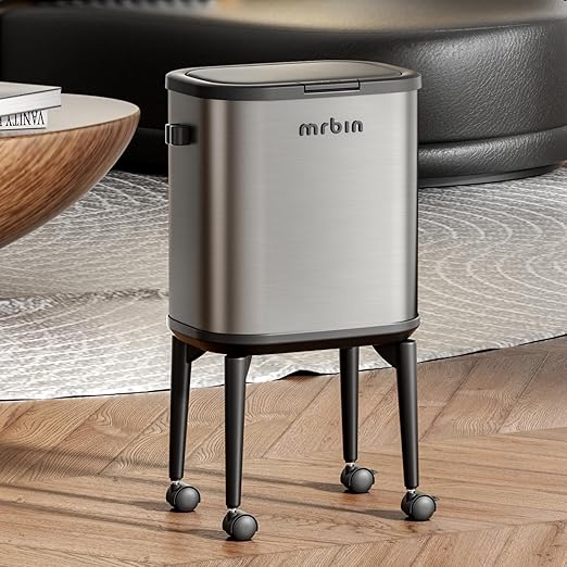 MRBIN Stainless Steel Slim Bathroom Trash Can with Legs and Wheels, 15L / 4gal Toilet Press Lid Waste Basket, Covered Office Garbage Pail for Near Desk, Narrow Vanity, Rvs, Kitchen, Eclipse Grey