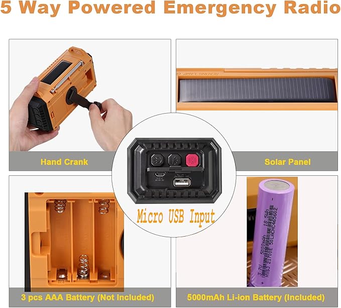 NOAA Weather Radio AM/FM/Shortwave, 5 Way Powered Emergency Radio 5000mAh/18500mWh Battery Backup Solar Crank, Portable Phone Charger with LED Flashlight, Reading Lamp and SOS Alarm for Survival