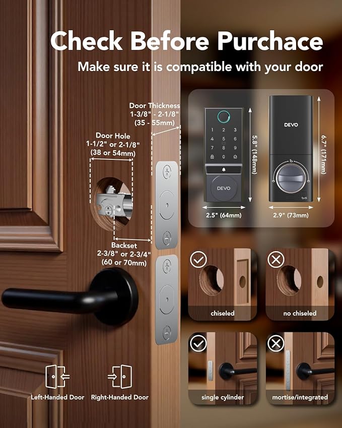 Devo G3 Fingerprint Smart Door Lock, Keyless Entry Door Lock, App Control, Smart Locks for Front Door, Smart Deadbolt Lock, Built-in Wi-Fi, Touchscreen Keypad, 8 Months Battery, IP54 Waterproof
