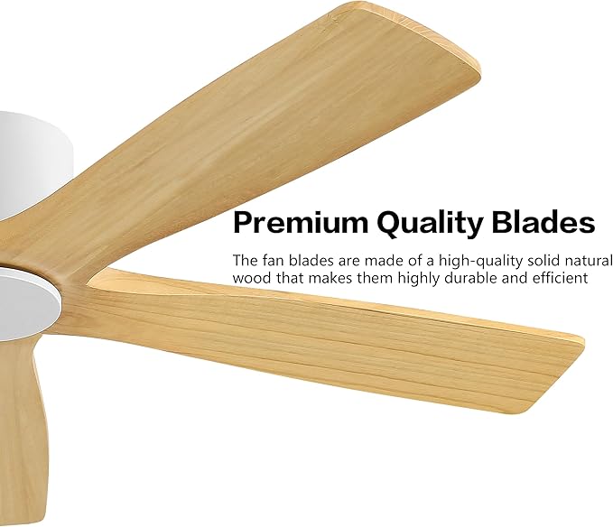 WINGBO 48" Flush Mount DC Ceiling Fans Without Lights, 5 Carved Solid Wood Blades, 6-Speed Reversible DC Motor, Low Profile Hugger Ceiling Fan No Lights for Living Room Bedroom Patio, White and Oak