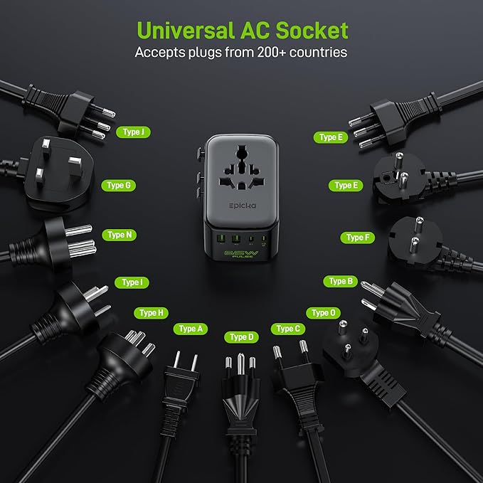 Epicka Pulse Duo 65W Universal Travel Adapter, International Power Adapter with PD & QC 3.0 Fast Charging for 2 Devices Simultaneously, European Travel Plug Adapter, Travel Essentials (Black)