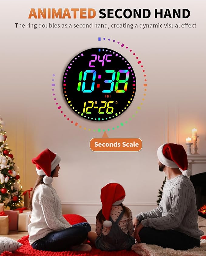 GLOKUUCA 12" Large Digital Wall Mount Clock, Count Down Timer, Alarm, Big LED, 12 RGB Color, Temperature for Living Room Classroom Desk, Xmas, Birthday Gift for Senior Mom Dad (Round)