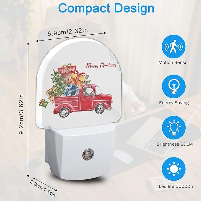 YESPOAK Merry Christmas Night Light,Dusk to Dawn Round Red Truck Gifts Night Lights Plug Into Wall for Home Indoor Staircase Kitchen Corridor