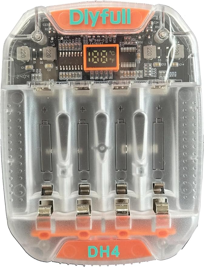 Dlyfull 4 Bay AA AAA Battery Charger with Temperature Monitoring, Independent Slots for 1.5V Lithium & 1.2V NiMH NiCd Rechargeable Batteries, Cable Included