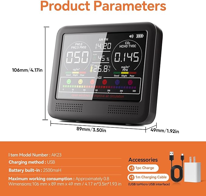 16-in-1 Indoor Air Quality Monitor with PM1.0,PM2.5,PM10,CO2,HCHO,TVOC,Temperature,Humidity,Time Display &7 AQI Alarms – Professional Air Quality Tester for Home, Office & Indoor Use (Shinning Black)