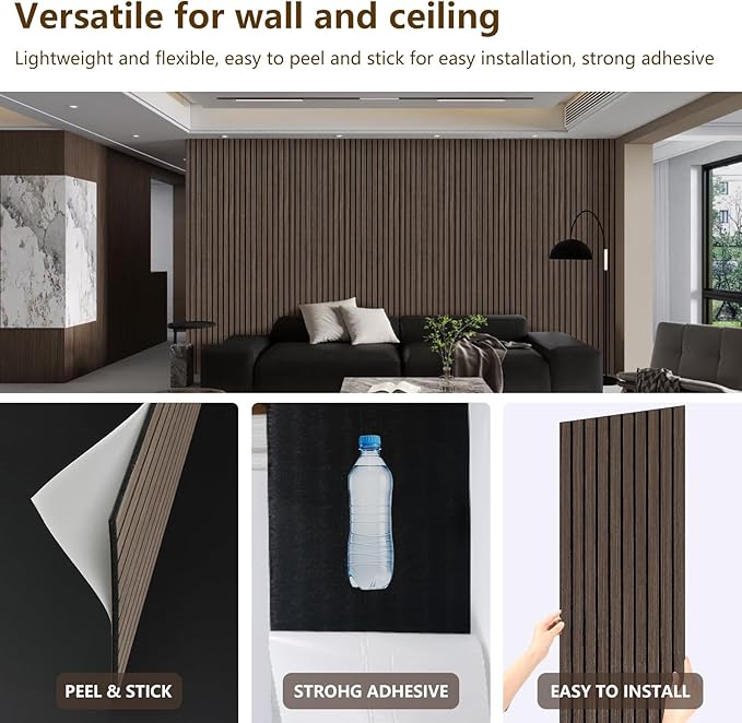 ARMURO Wood Panels for Wall 2 PCS - Extra-Long Wood Slat Wall Panel - DIY Acoustic & Soundproof Wood Wall Panels - 3d Wall Panels Peel and Stick Noise Reducing Feature Wall - (Black 11.8" W x 94.5" L)