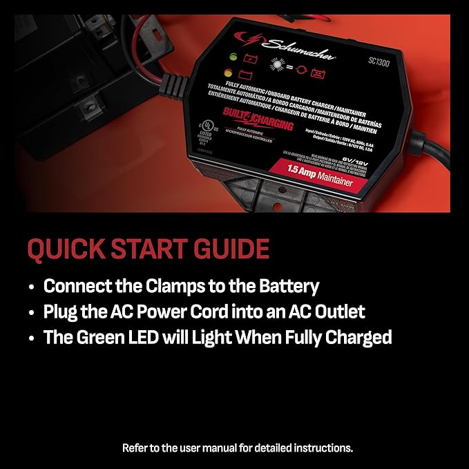Schumacher Electric 1.5A Car Battery Charger and Maintainer, 3-in-1 Solution, for 6V/12V Power Sport, Automotive, and Marine Batteries, SC1300